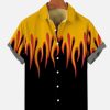 Men HLJ Shirts | Fire Flame Pattern Printing Short Sleeve Shirt Black