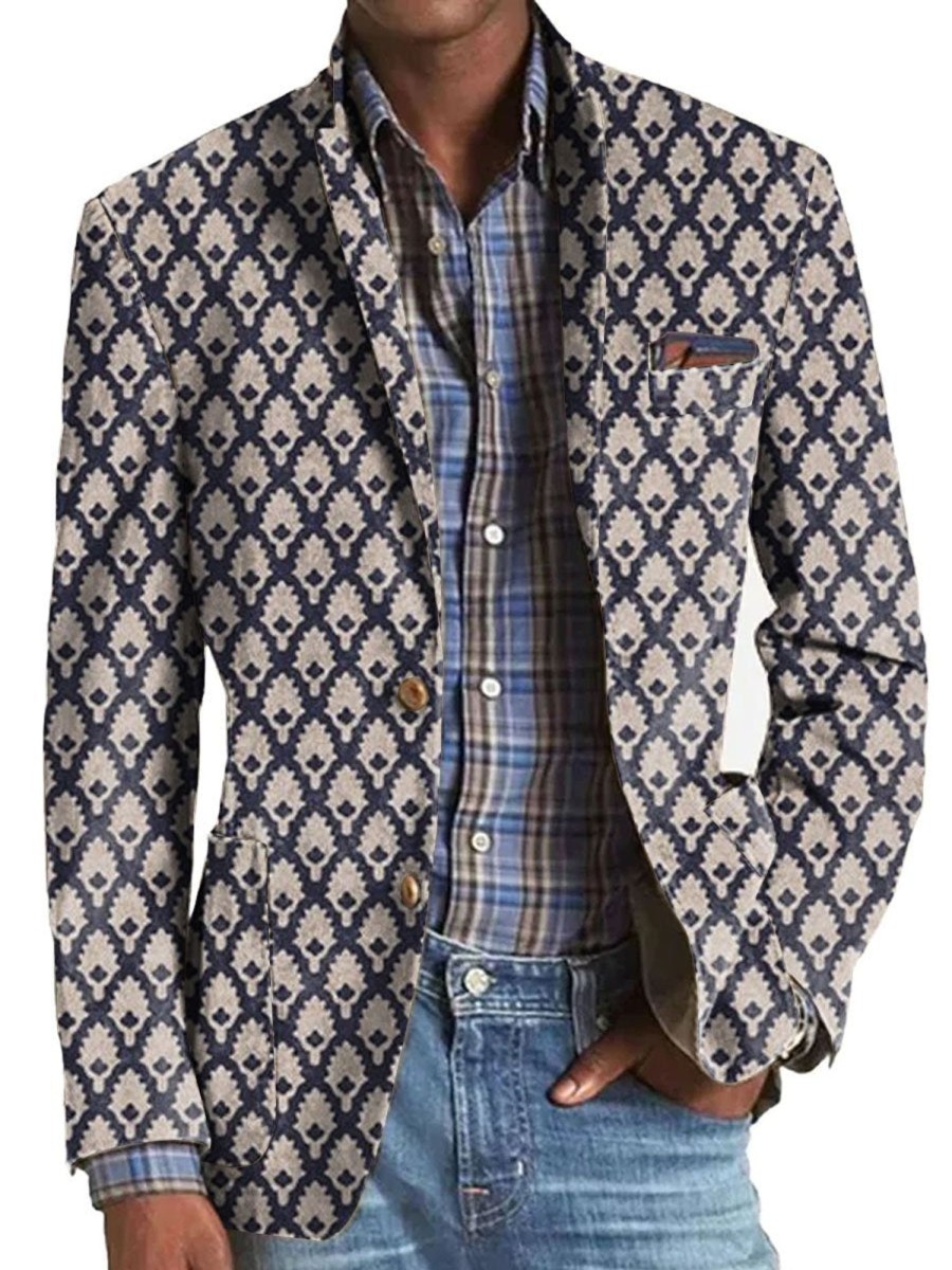 Men DJ Print Jacket | Retro Geometric Print 3-Pocket Casual Blazer Photo Color