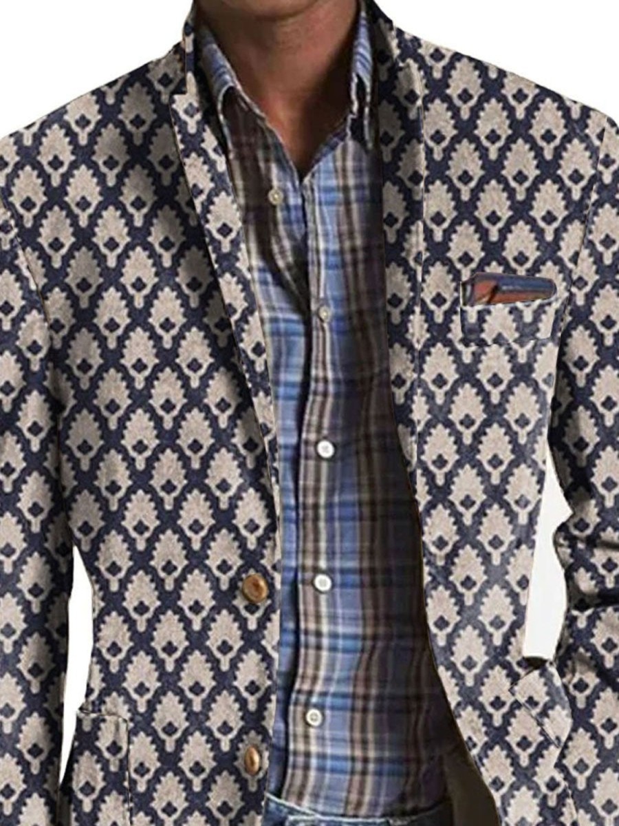 Men DJ Print Jacket | Retro Geometric Print 3-Pocket Casual Blazer Photo Color