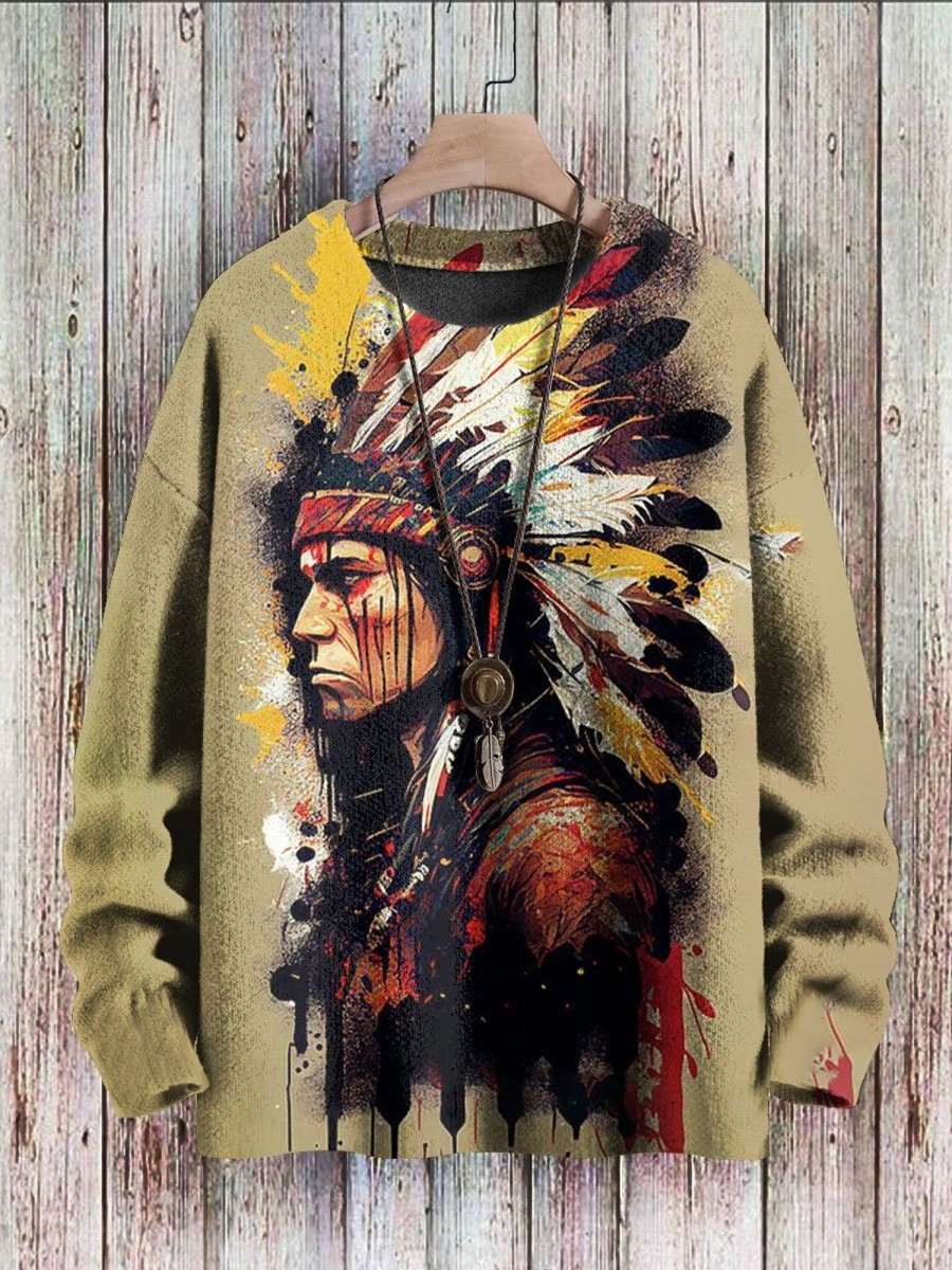 Men BXL Print Sweater | Men'S Vintage Indian Totem Print Crew Neck Pullover Sweater 34296121Xl Khaki