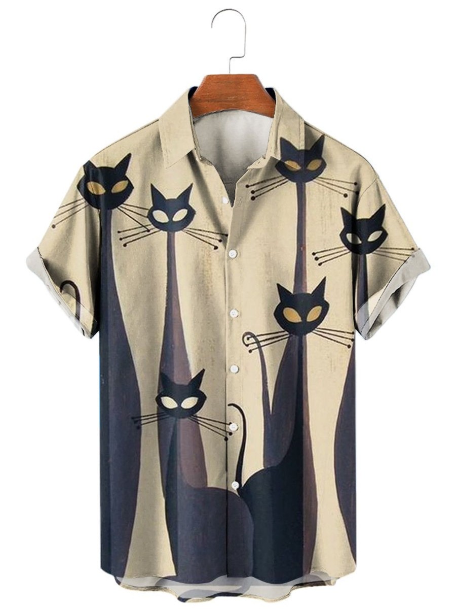 Men XT Shirts | Fun Geometric Cat Print Shirt 81166242X Light Khaki