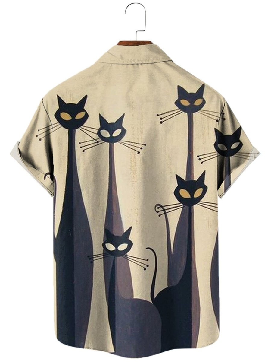 Men XT Shirts | Fun Geometric Cat Print Shirt 81166242X Light Khaki