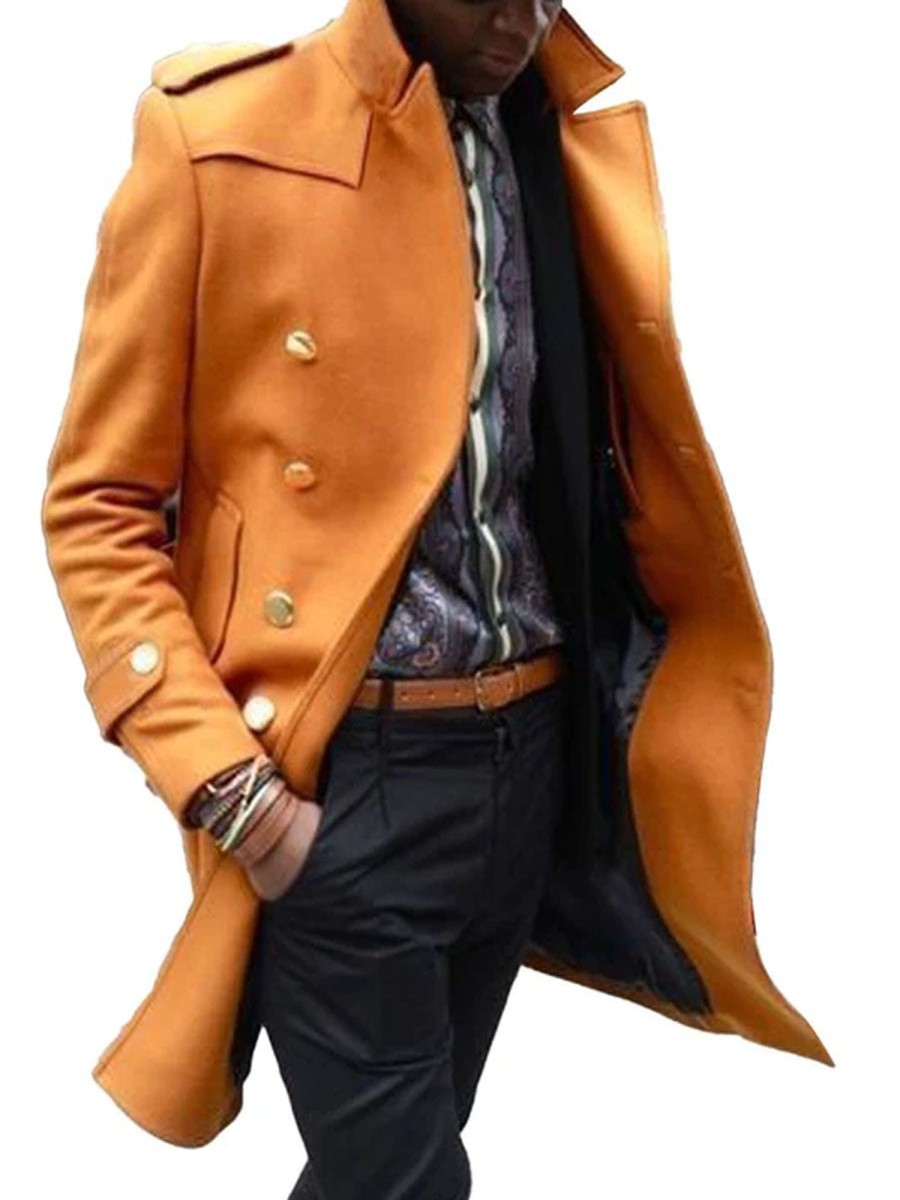 Men DJ Jacket | Retro Solid Color Double Pocket Double Breasted Lapel Casual Woolen Coat Orange