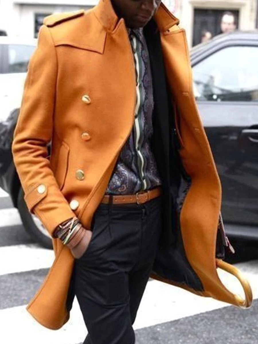 Men DJ Jacket | Retro Solid Color Double Pocket Double Breasted Lapel Casual Woolen Coat Orange