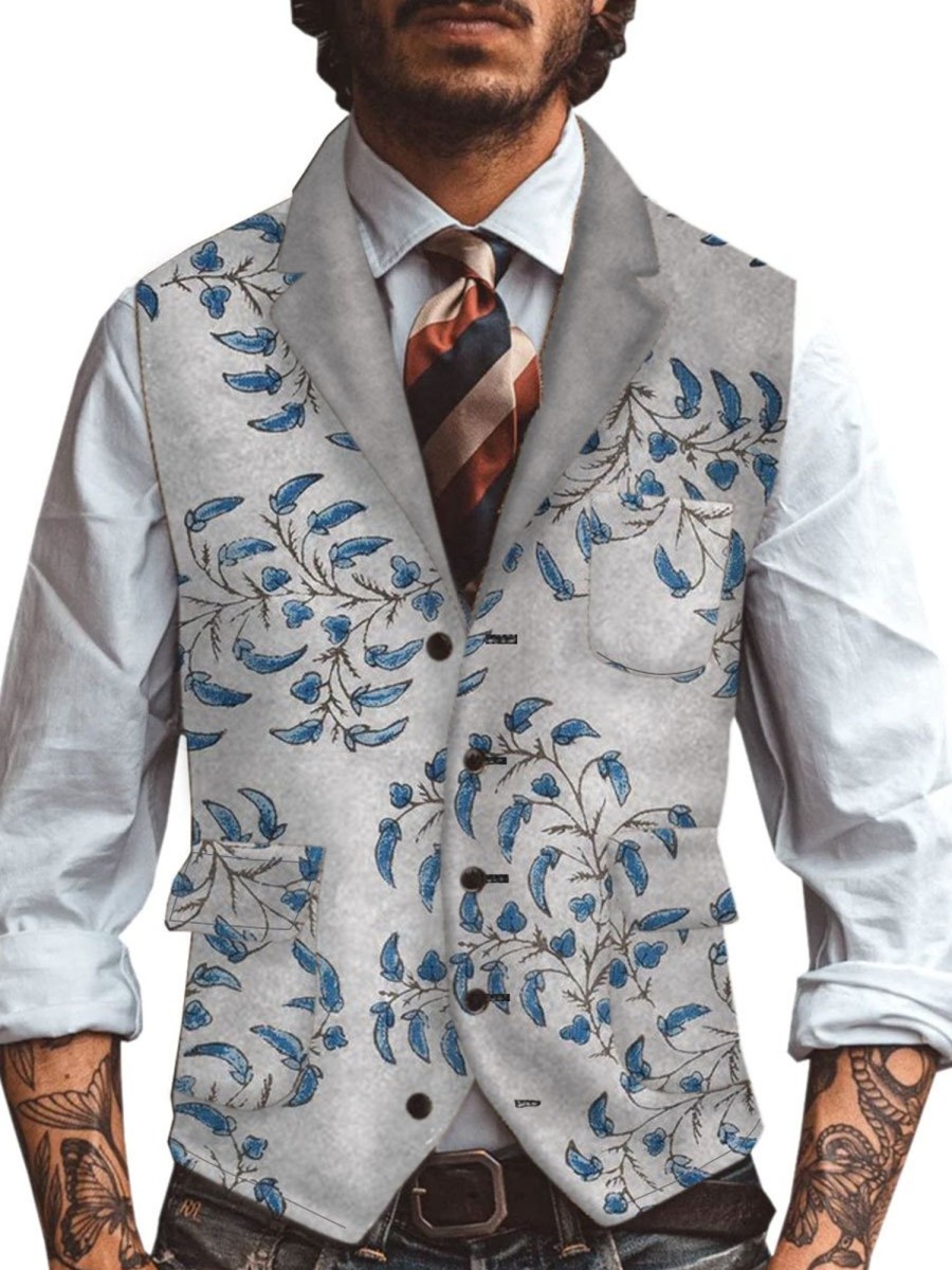 Men TH Vest | Floral Print Lapel Three-Pocket Casual Vest Blue