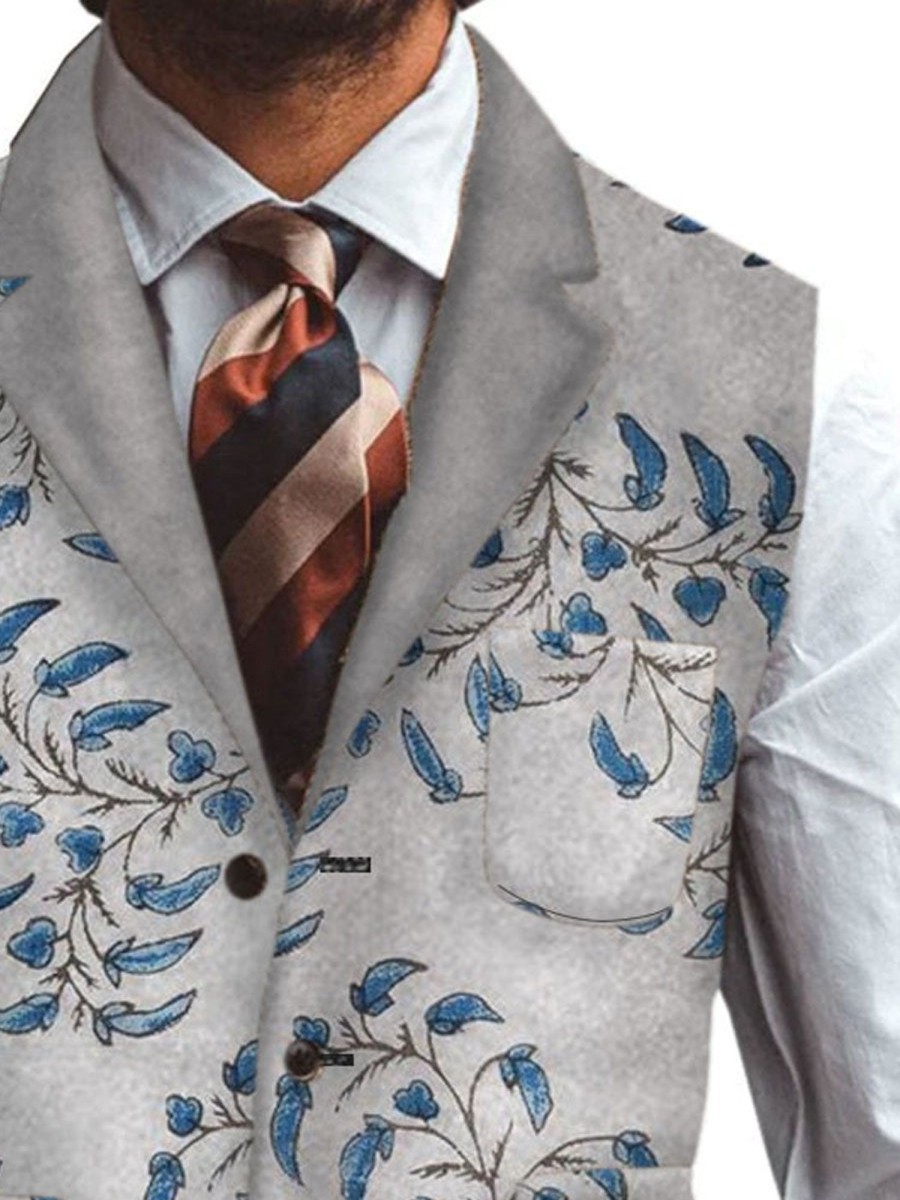 Men TH Vest | Floral Print Lapel Three-Pocket Casual Vest Blue