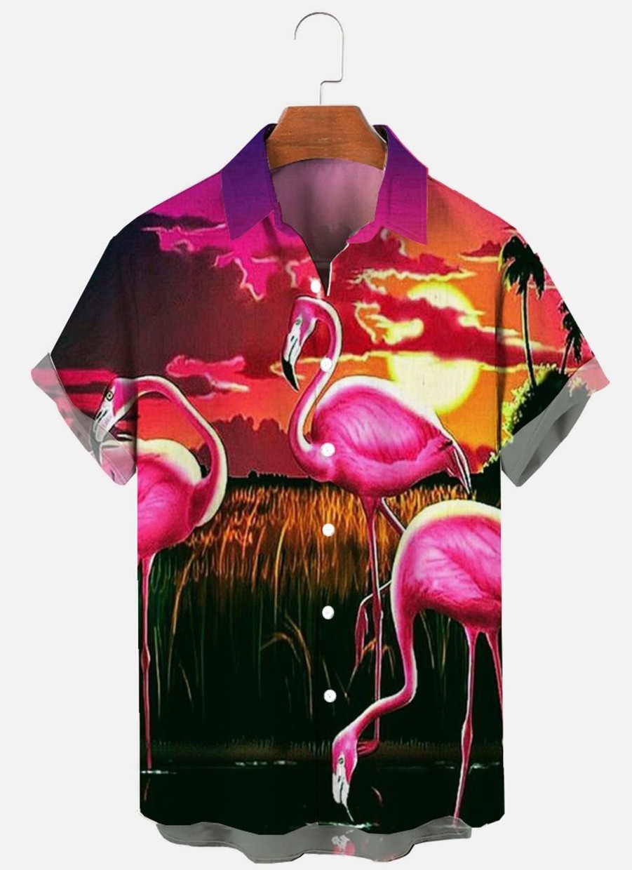 Men XT Shirts | Men'S Sunset Flamingo Print Short Sleeve Shirt Red