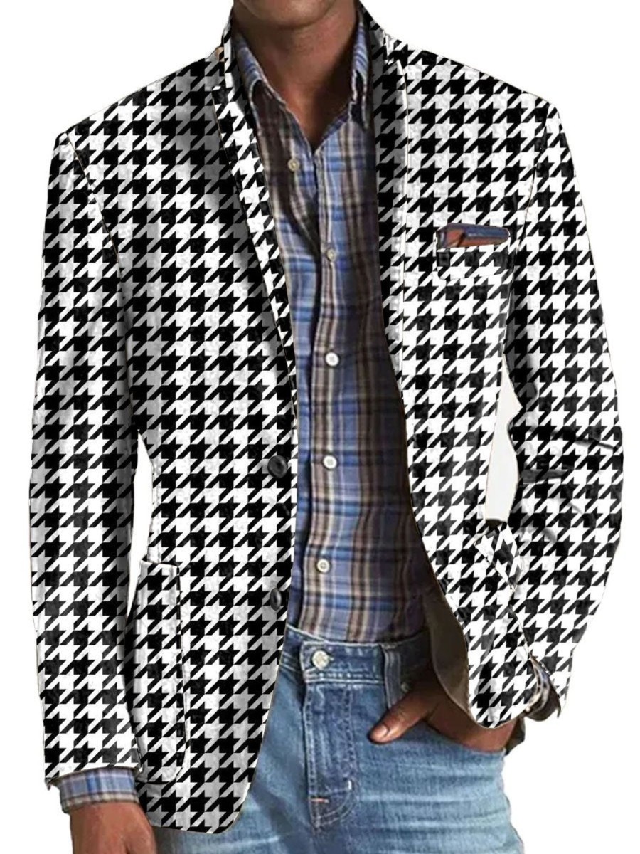 Men BXL Print Jacket | Men'S Vintage Houndstooth Print Lapel Casual Blazer Black