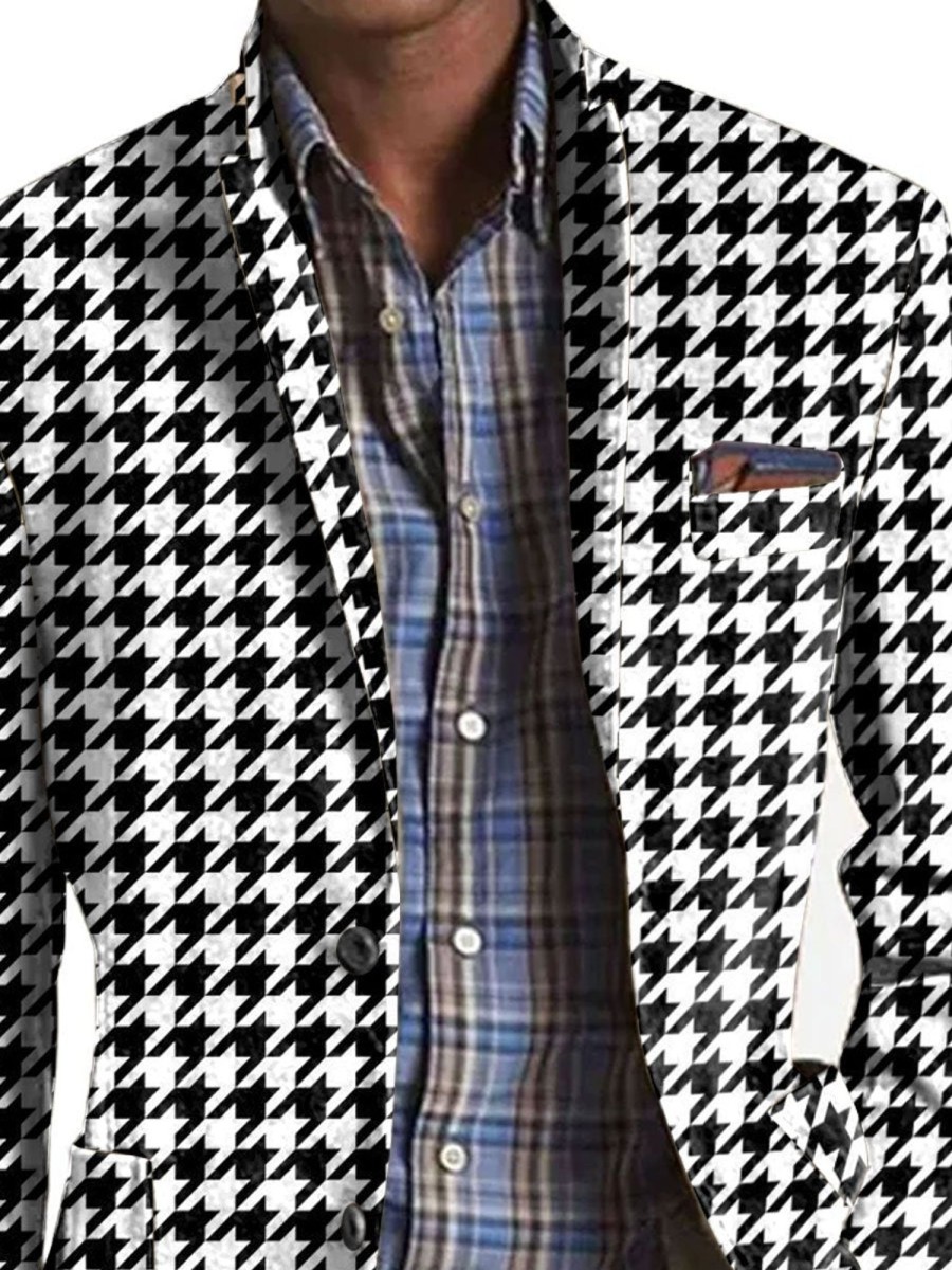 Men BXL Print Jacket | Men'S Vintage Houndstooth Print Lapel Casual Blazer Black