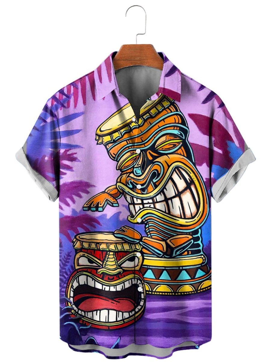 Men HLJ Shirts | Tiki Drum Hawaiian Art Print Short Sleeve Shirt Purple