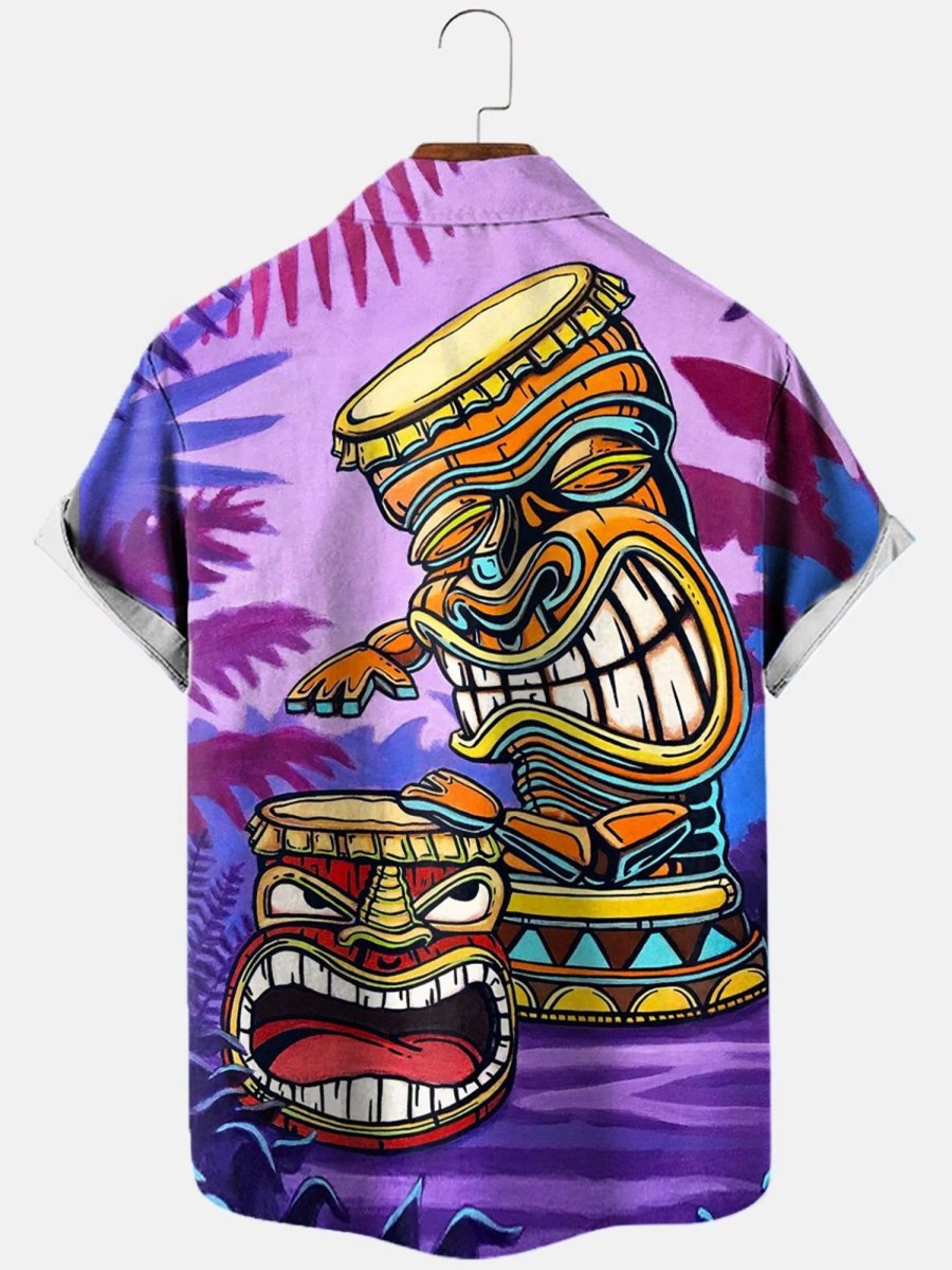 Men HLJ Shirts | Tiki Drum Hawaiian Art Print Short Sleeve Shirt Purple