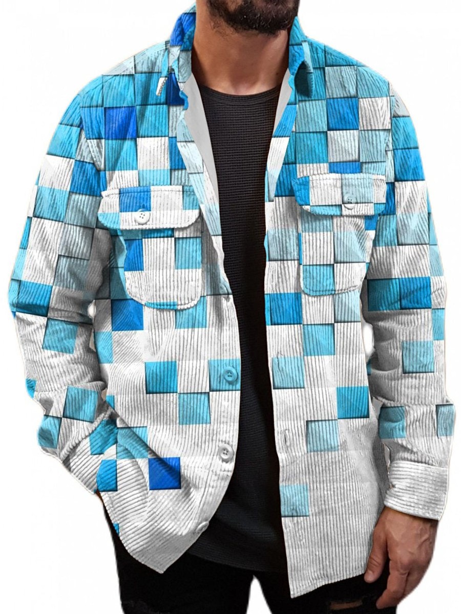 Men DJ Jacket | Vintage Colorblock-Print Corduroy Two-Pocket Single-Breasted Jacket Blue