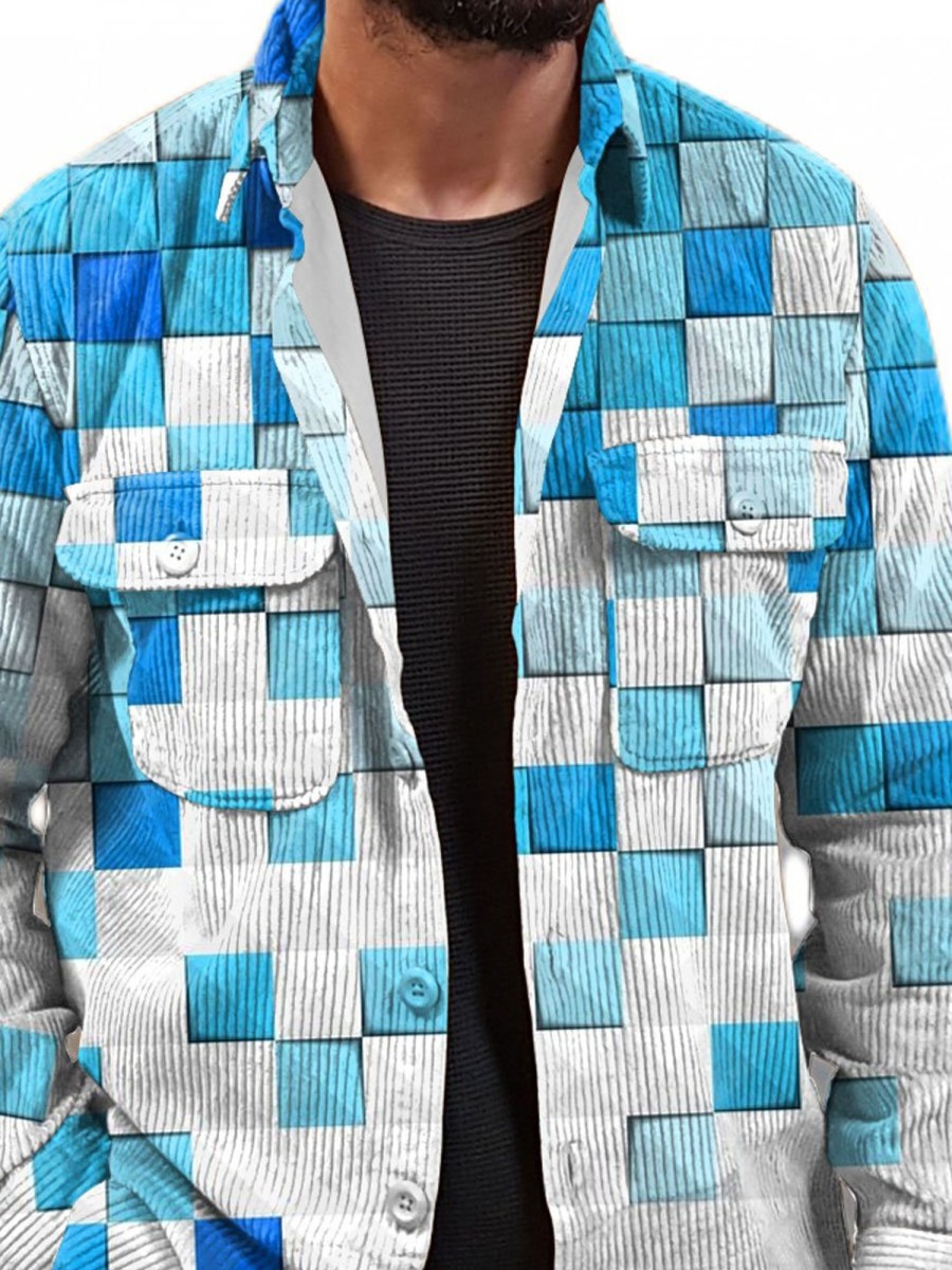 Men DJ Jacket | Vintage Colorblock-Print Corduroy Two-Pocket Single-Breasted Jacket Blue