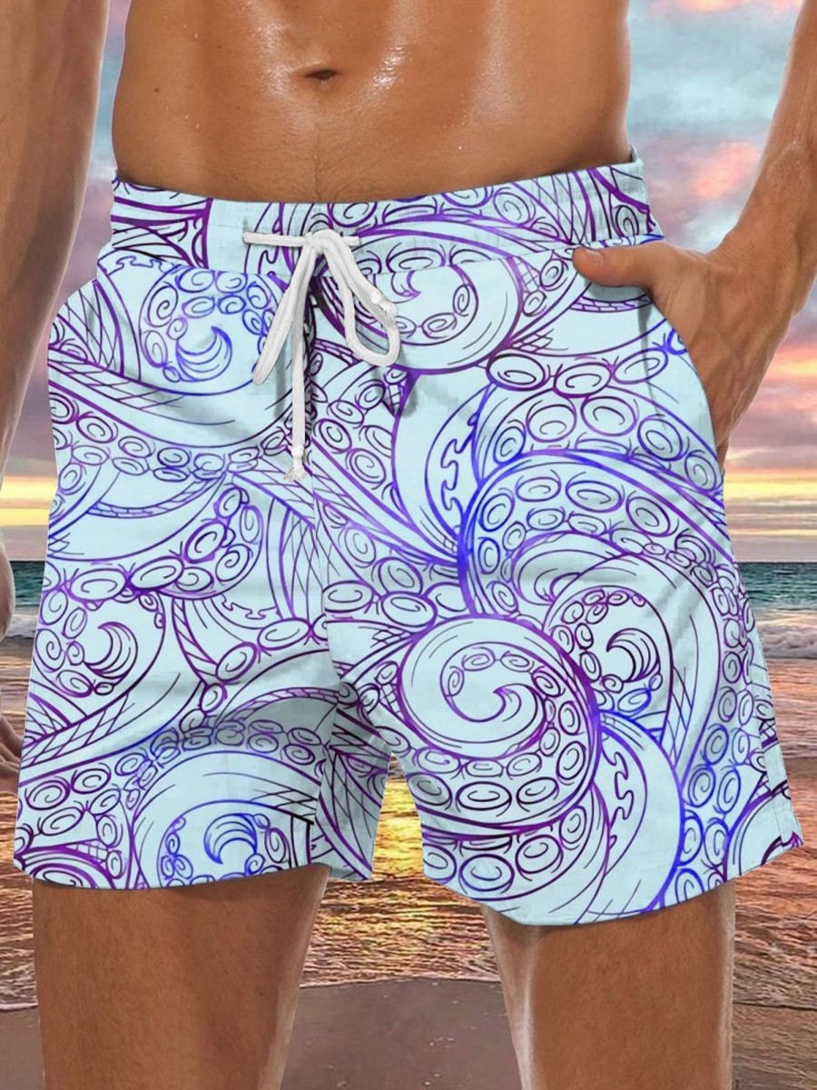 Men DJ Shorts | Vintage Octopus Print Pocket Lounge Shorts Blue