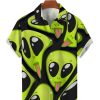 Men GYJ Shirts | Alien Print Casual Short Sleeve Shirt Black