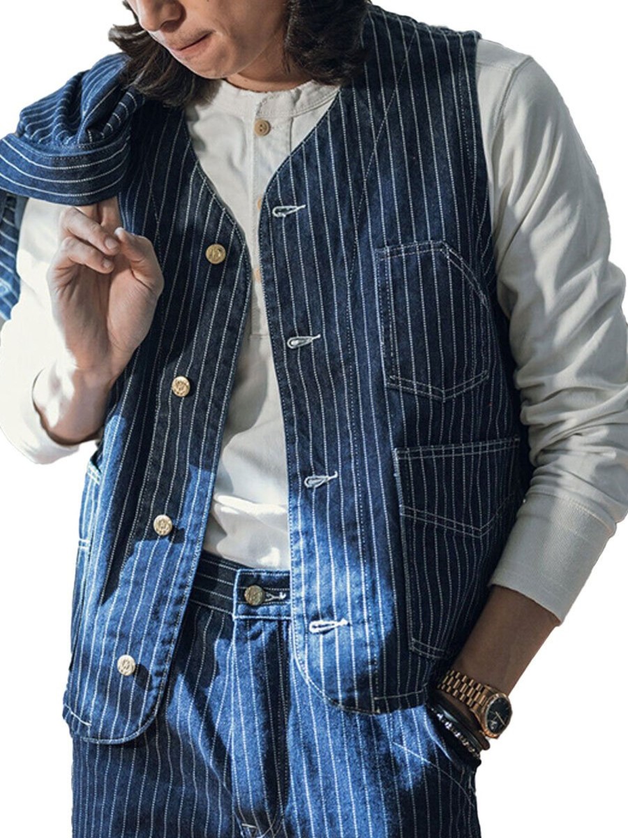 Men BXL Vest | Men'S Multi-Pocket Striped Denim Casual Vest Blue