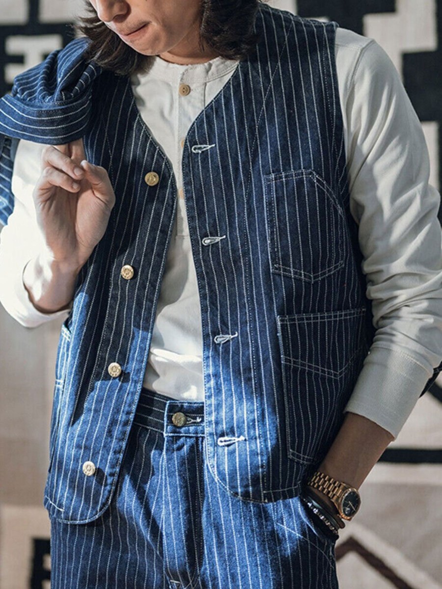 Men BXL Vest | Men'S Multi-Pocket Striped Denim Casual Vest Blue