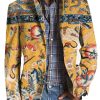 Men BXL Print Jacket | Men'S Lucky Cloud Crane Printed Festive Lapel Casual Blazer Yellow