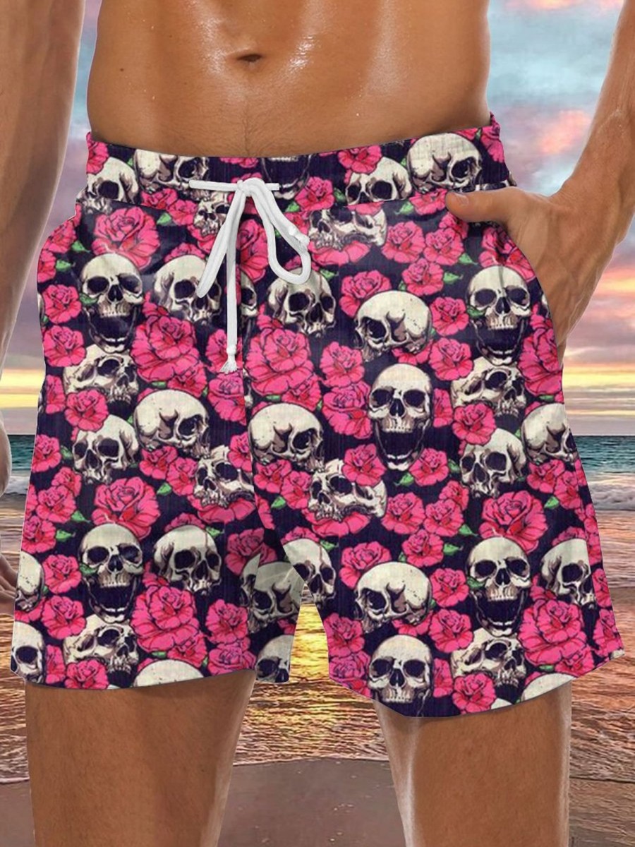 Men LJC Shorts | Skull Rose Print Hawaiian Track Shorts Photo Color