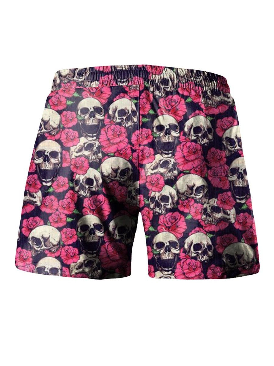 Men LJC Shorts | Skull Rose Print Hawaiian Track Shorts Photo Color