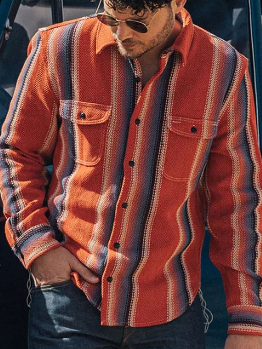 Men DJ Jacket | Lapel Double Pocket Single Breasted Colorful Plaid Jacket Orange