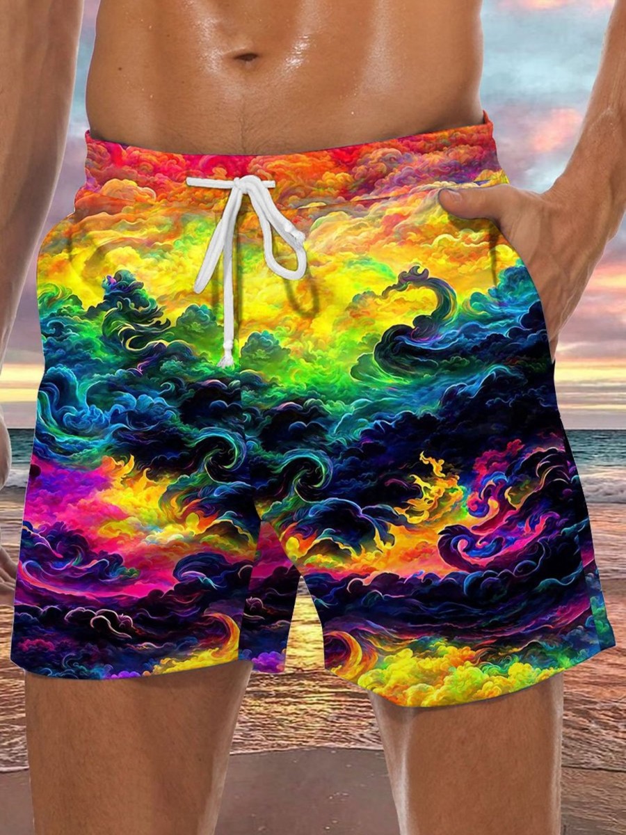 Men HLJ Shorts | Ukiyo-E Dragon And Cloud Print Drawstring Board Shorts Iridescent