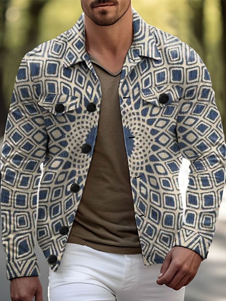 Men DJ Jacket | Vintage Printed Single Breasted Lapel Casual Jacket Photo Color