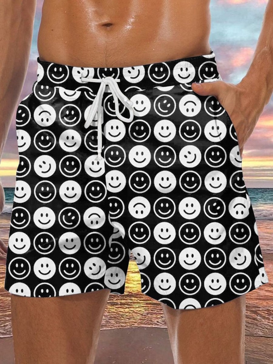 Men DJ Shorts | And White Smiley Print Double Pocket Lace-Up Shorts Black