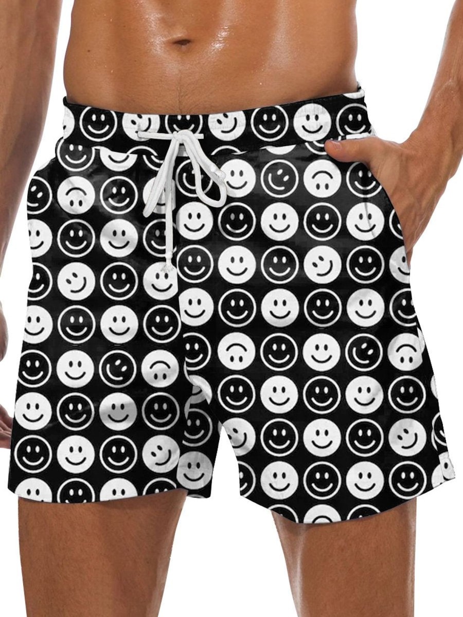 Men DJ Shorts | And White Smiley Print Double Pocket Lace-Up Shorts Black