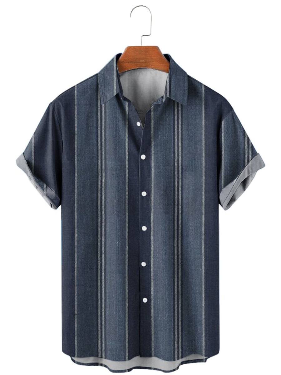 Men XT Shirts | Men'S Vintage Casual Striped Print Shirt 44070149X Navy