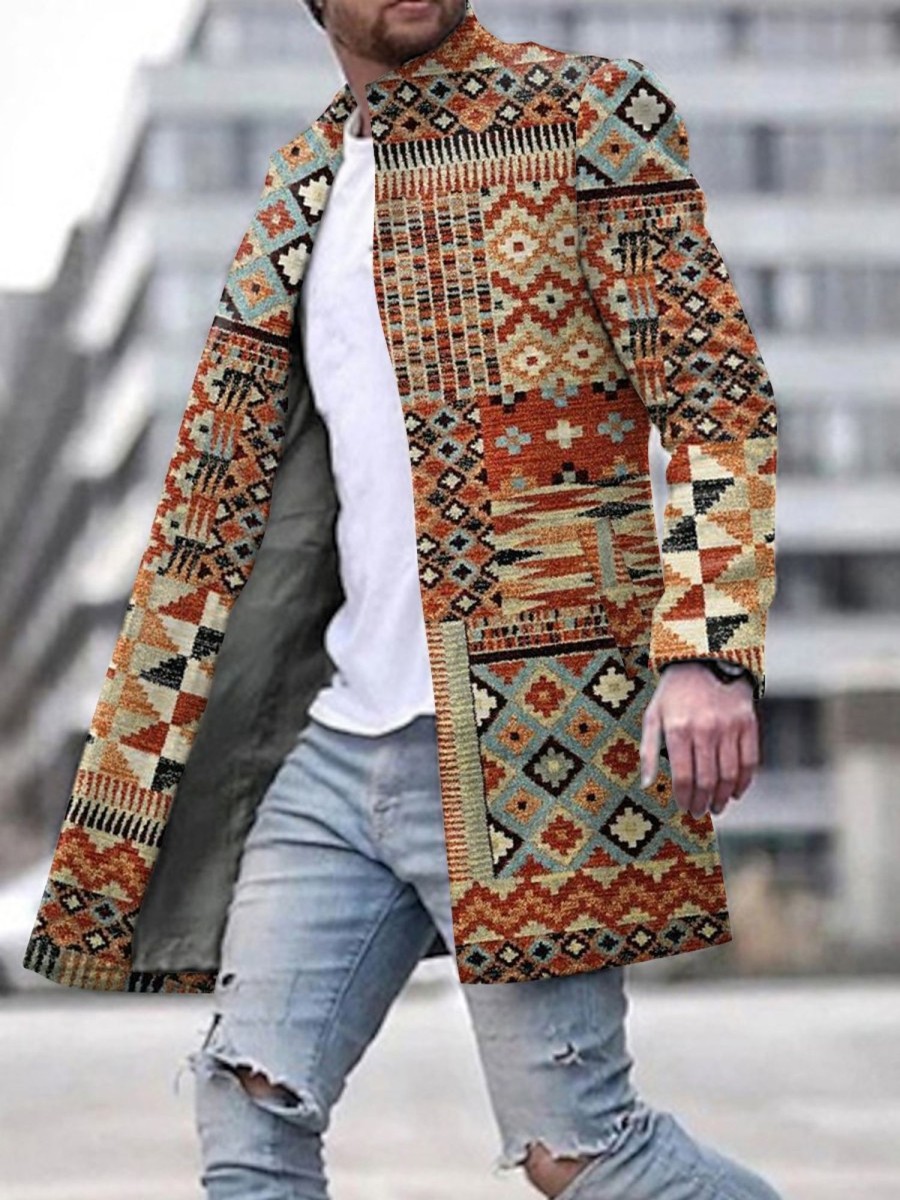 Men DJ Jacket | Vintage Ethnic Geometric Print Double Pocket Track Jacket Photo Color