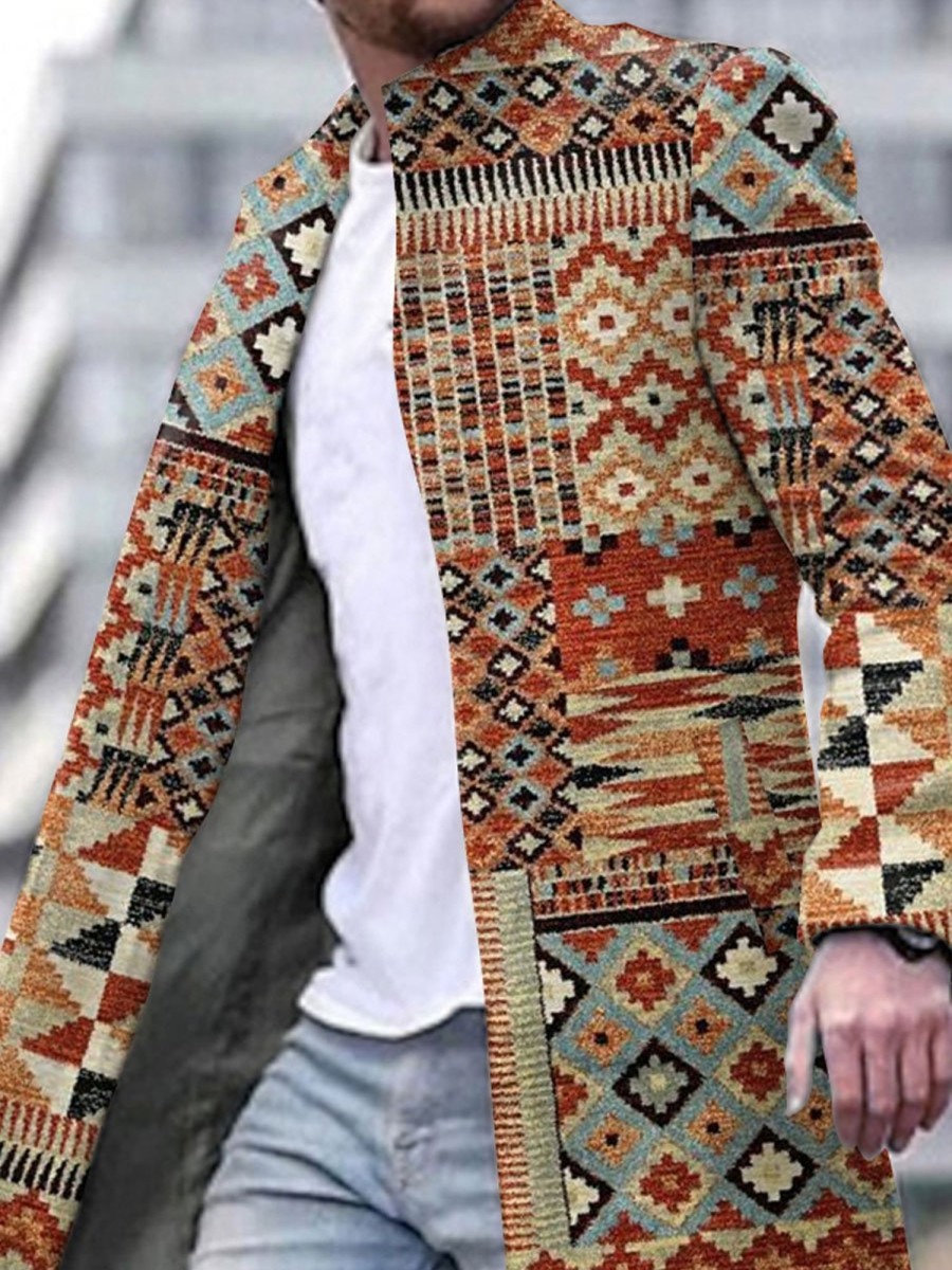 Men DJ Jacket | Vintage Ethnic Geometric Print Double Pocket Track Jacket Photo Color