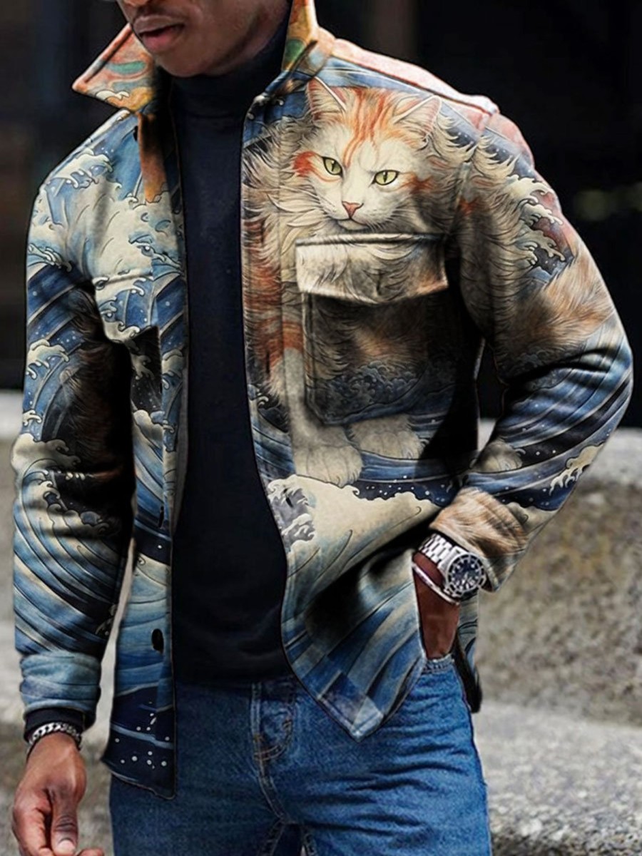 Men BXL Print Jacket | Men'S Casual Rescue Animal Art Painted Button Lapel Pocket Jacket Photo Color