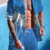 Men DJ Set | Hawaiian Palm Print Short Sleeve Shorts Shirt Set Blue