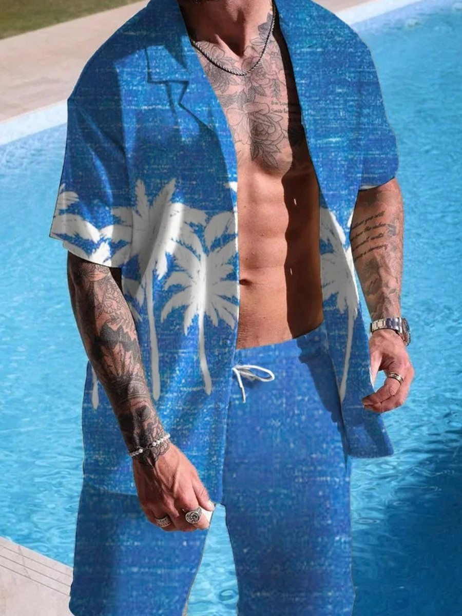 Men DJ Set | Hawaiian Palm Print Short Sleeve Shorts Shirt Set Blue