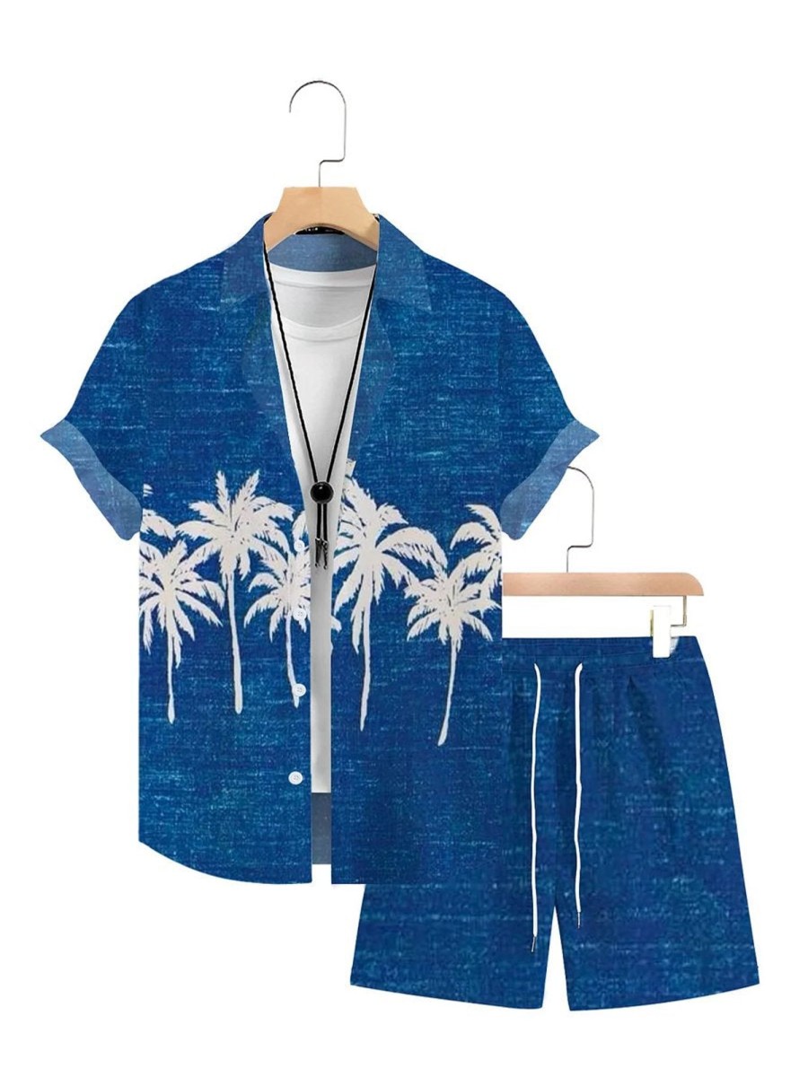 Men DJ Set | Hawaiian Palm Print Short Sleeve Shorts Shirt Set Blue