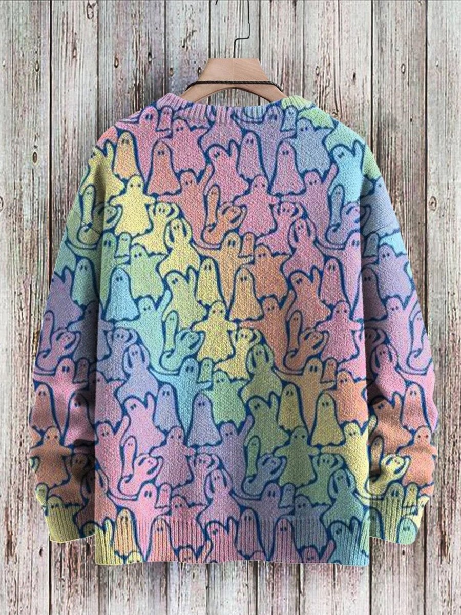 Men DJ Print Sweater | Rainbow Ghosts Art Pattern Print Casual Knit Pullover Sweatshirt Photo Color