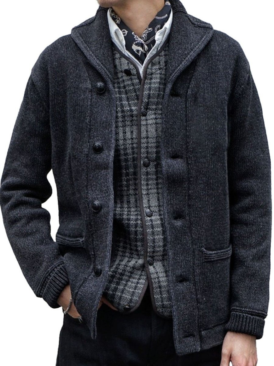 Men DJ Cardigan | Retro Solid Color Lapel Double Pocket Knitted Cardigan Navy