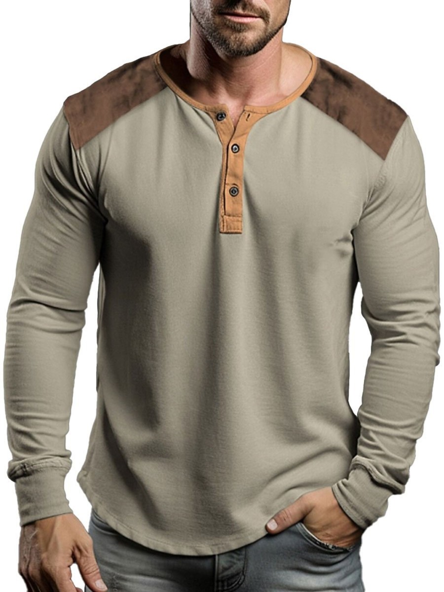 Men BXL Casual Shirts | Men'S Contrast Color Splicing Half Open Collar Casual Long Sleeve T-Shirt Gray