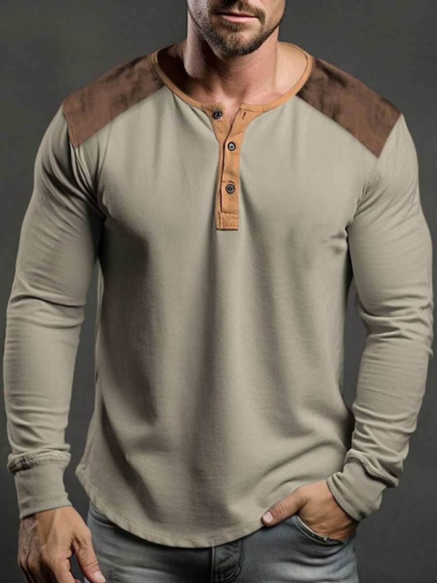 Men BXL Casual Shirts | Men'S Contrast Color Splicing Half Open Collar Casual Long Sleeve T-Shirt Gray