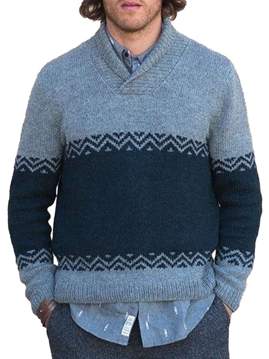 Men DJ Sweater | Retro V-Neck Contrasting Color Casual Knitted Sweater Blue