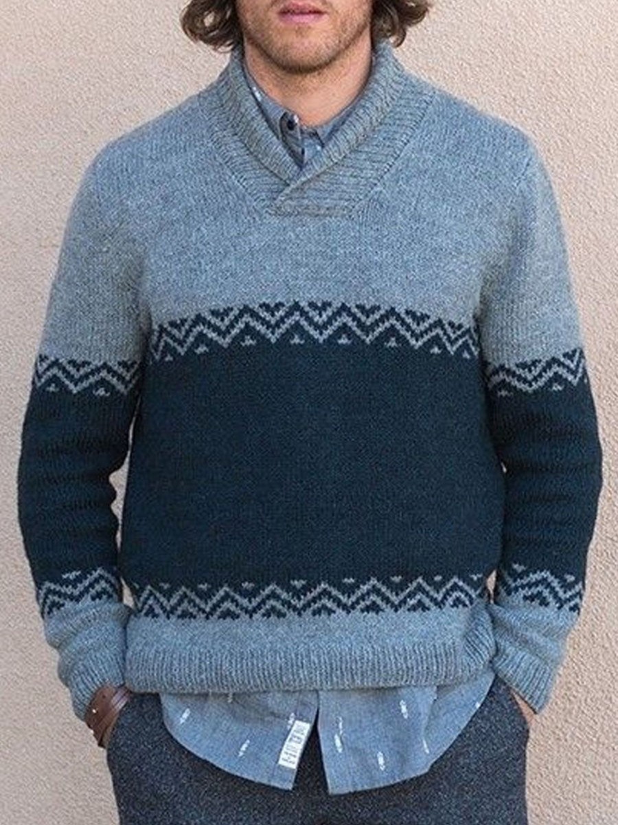 Men DJ Sweater | Retro V-Neck Contrasting Color Casual Knitted Sweater Blue