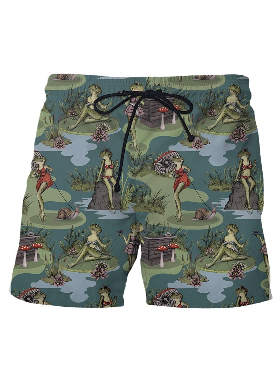 Men HWT Shorts | Men'S Shorts Holiday Fun Lady Frogs Print Beach Shorts Green