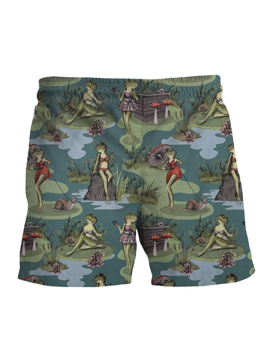 Men HWT Shorts | Men'S Shorts Holiday Fun Lady Frogs Print Beach Shorts Green