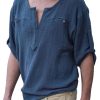 Men DJ Casual Shirts | V-Neck Double Pocket Casual Solid Color Long-Sleeved Shirt Blue