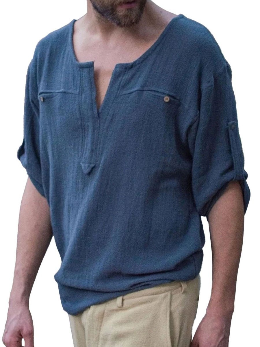 Men DJ Casual Shirts | V-Neck Double Pocket Casual Solid Color Long-Sleeved Shirt Blue