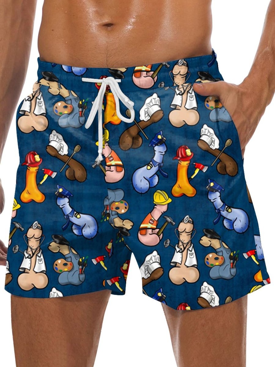 Men DJ Bottoms | Multi-Role Cocks Print Hawaiian Casual Pocket Lounge Shorts Navy