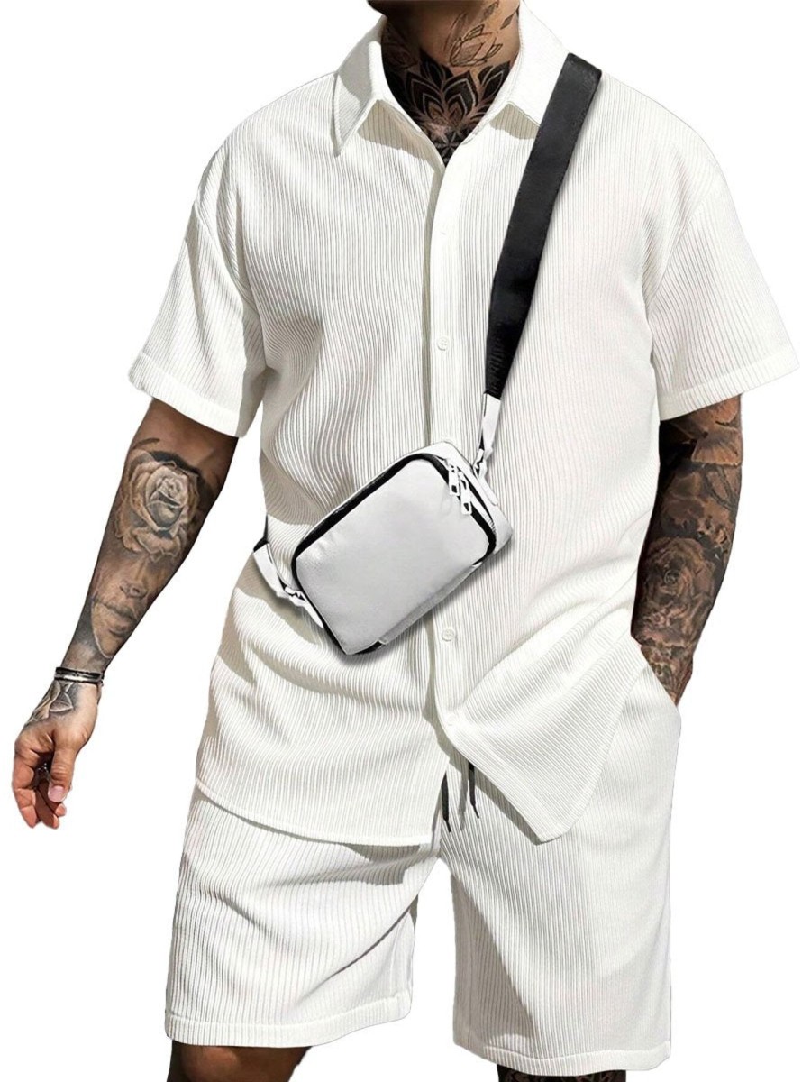 Men BXL Set | Men'S Solid Color Casual Short-Sleeved Shirt Shorts Suit White