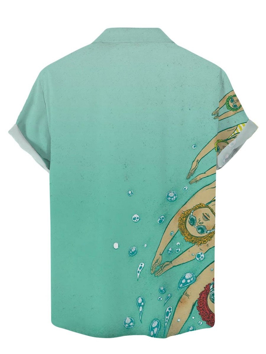 Men BXL Shirts | Underwater Athlete Print Casual Resort Short Sleeve Shirt Photo Color