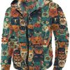 Men DJ T-Shirts | Retro Cartoon Cat Floral Print Pocket Hoodie Sweatshirt Photo Color